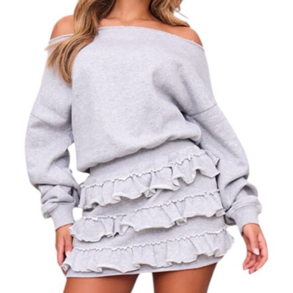 Pretty Little Thing Gray Marl Sweat Bardot Frill Skirt Mini Dress Women’s Size 6 - Picture 1 of 8